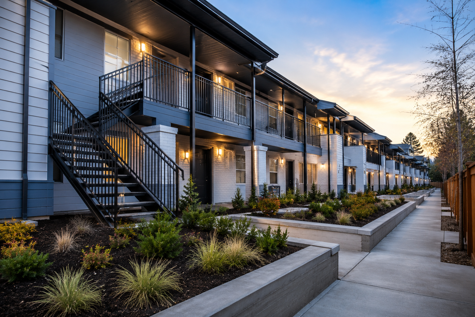Renovated workforce housing apartment exterior with updated walkways and railings