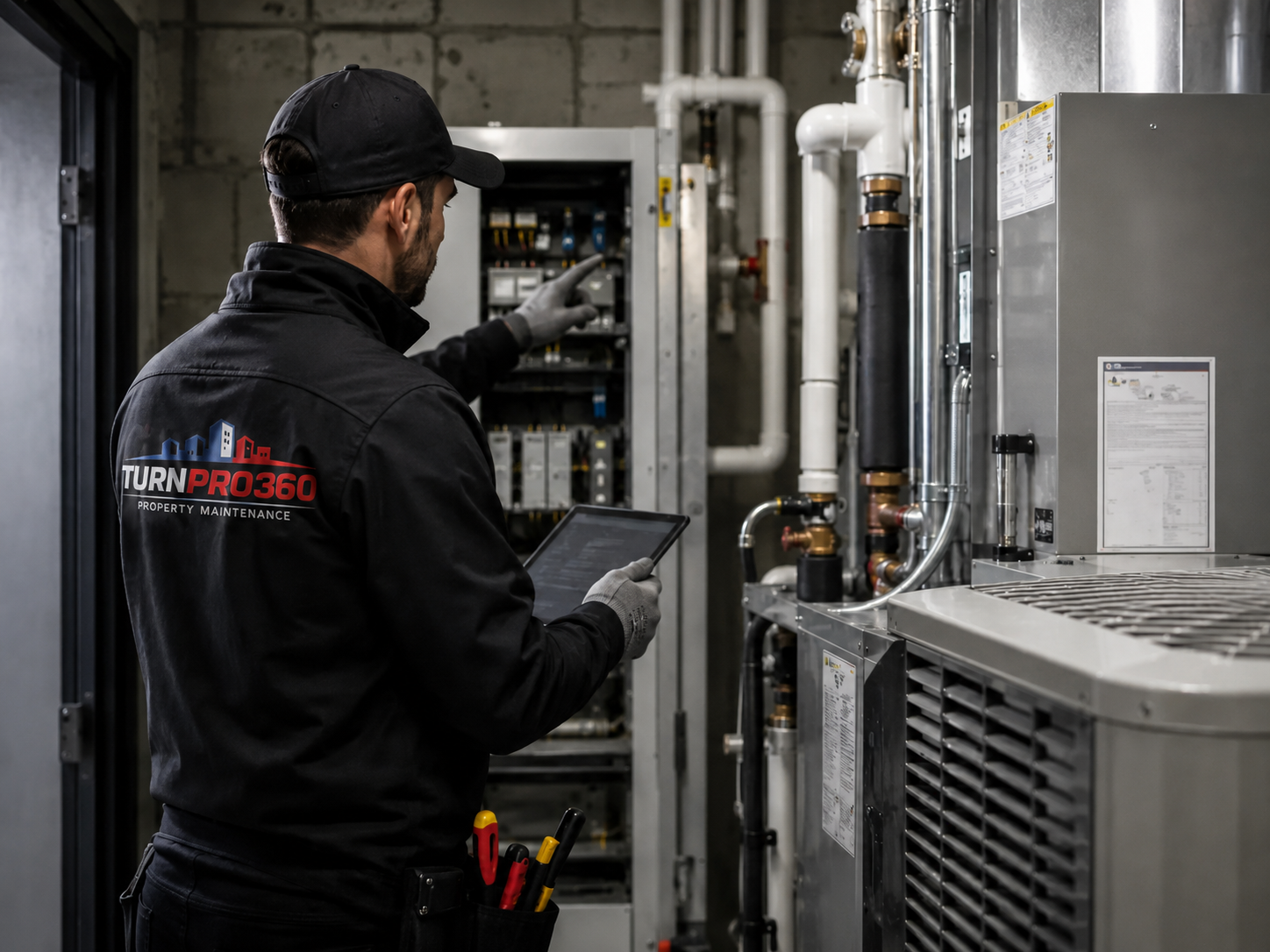 TurnPro360 technician inspecting apartment HVAC equipment